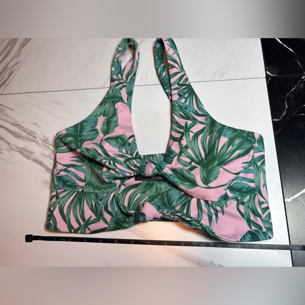 Beach Riot Tropical Leaf Cutout Bikini Workout Top in Green and Pink - Picture 2 of 5